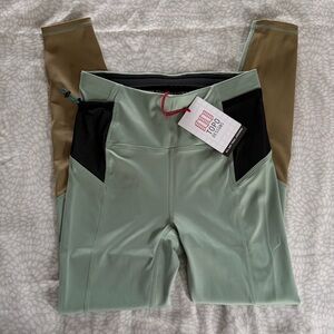 Topo Designs Sage Green and Tan Leggings with Black Panels